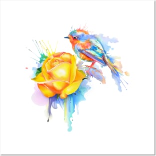 Colorful Bird Yellow Flower Posters and Art